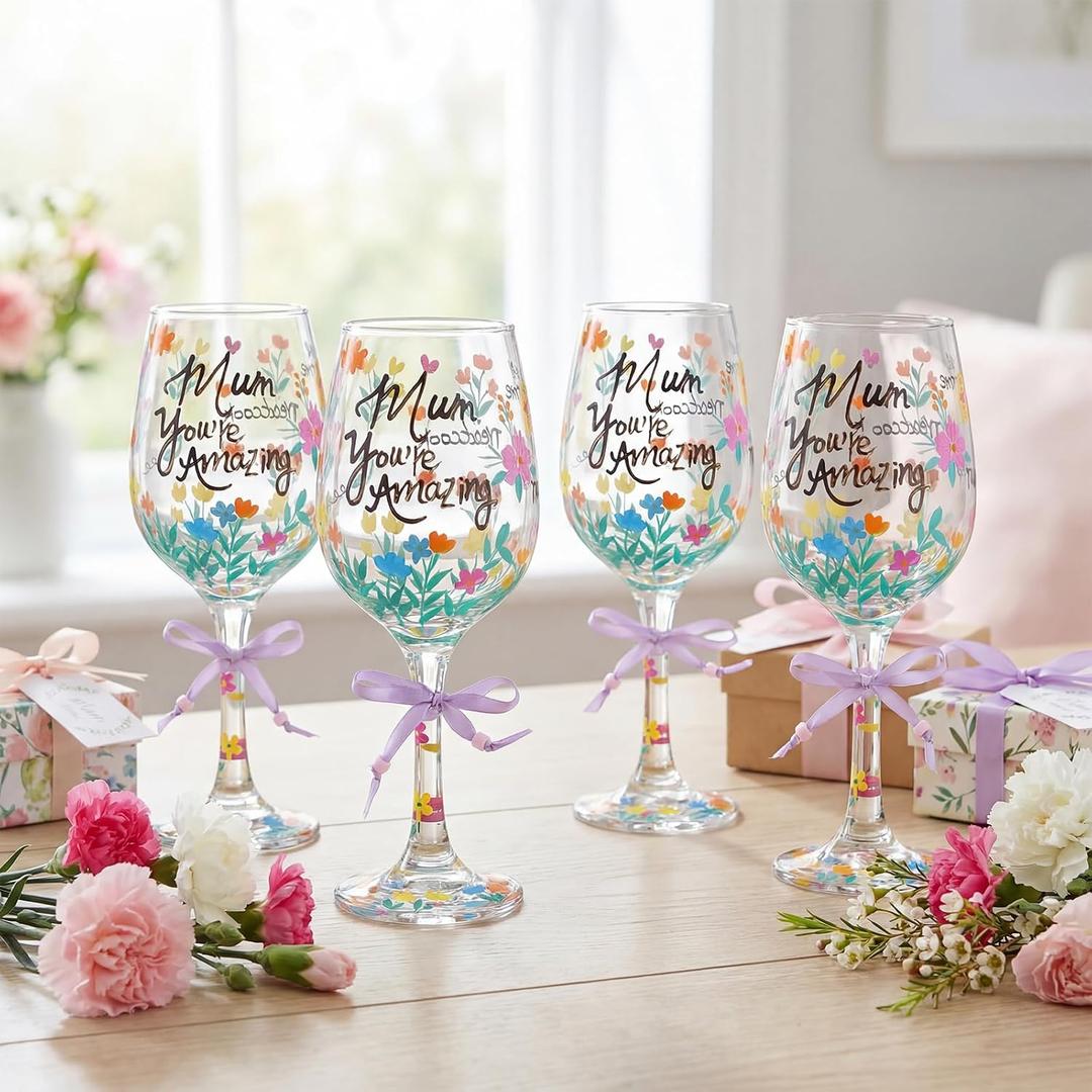 SiliFine 4 Pcs Mother's Day Floral Stemmed Wine Glasses Hand Painted Flower Drinking Cup with Bow Wine Glasses Gifts for Birthday Theme Holiday Party Supplies