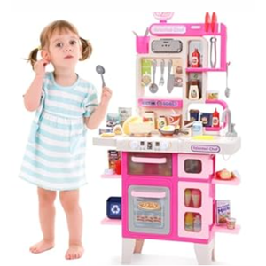 CUTE STONE Kids Kitchen Playset, Play Kitchen Set with Sound & Light, Cooking Stove with Steam, Toy Sink, Play Food Toy and Kitchen Accessories for Pretend Play, Kitchen Toy Set for Toddler Girls, Pink