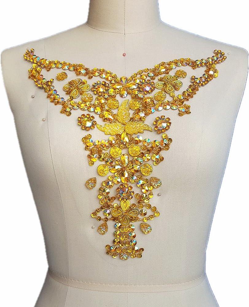Rhinestone Crystal Trim Bridal Applique Beaded Sequin Sew On Neckline Design Patch Sewing for Wedding Collar Dresses DIY Decoration 28x30cm (Yellow)