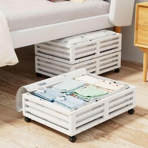 Bamboo Under Bed Storage Containers- Underbed Organizer with Wheels with Large Capacity Dust Bag,Sturdy Wood Rolling Under Bed Shoe Storage Organizer 2 Packs (White, 2 Packs (23.62"16.54"))