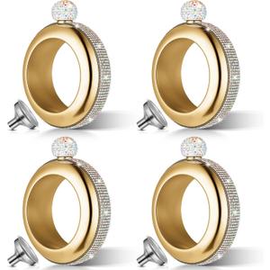 4 Set 3.5 oz Creative Bracelet Flask 304 Stainless Steel Bangle AB Crystal Flasks for Women with Rhinestones Lid Bangle Bracelet Funnel for Party Set (Gold)