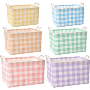 6 Pack Pastel Plaid Canvas Baskets Rectangular Storage Bins Collapsible Decorative Organizer Bins with Handles for Gift Basket, Home, Kitchen, Bedroom, Classroom, Shelves