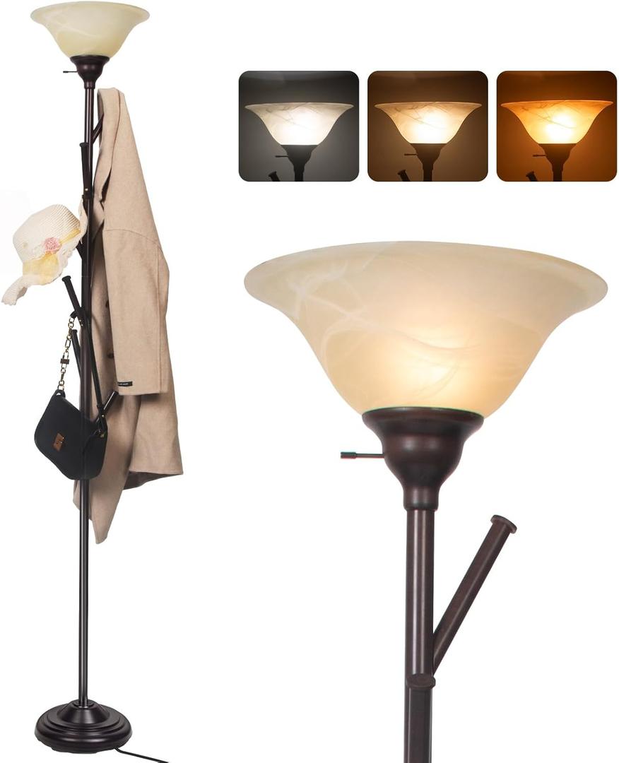 Standing Tall Lamp with Standing Coat Rack Tree, Torchiere Floor Lamps with 6 Hooks, Coat Rack Lamp Special for Bedroom, Entryway, Corner