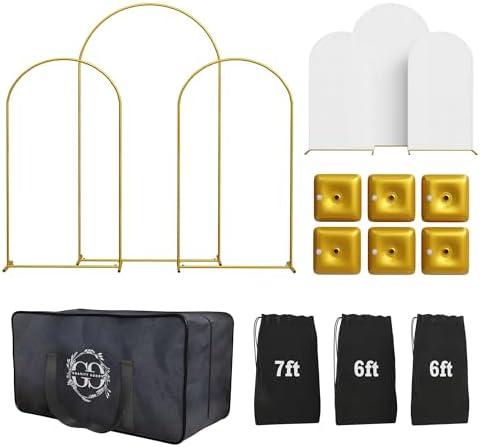 Gravity Goods Metal Arch Backdrop Stand and Cover Set – 3 Gold Frames (7.2ft, 6ft x2) with White Wrinkle-Free Spandex Covers, Water Weights, Bags & Case – Wedding, Birthday, Baby Shower, Party Decor