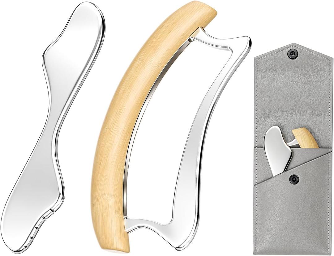 Muscle Scraper Tool, 2 in 1 Stainless Steel Gua Sha Tool for Body with Wooden Handle, Muscle Scraper Scraping Massage Tools for Physical Therapy, Fascia Scrapers for Back Legs Arms Shoulder