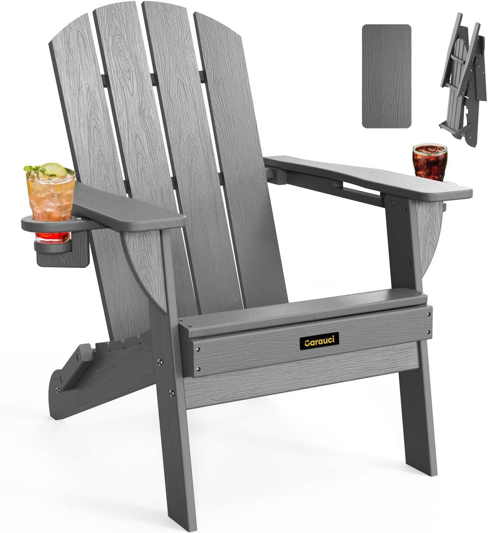 Folding Adirondack Chair, Wooden Textured Plastic Adirondack Chairs with 2 Cup Holder, Weather Resistant HDPE Fire Pit Chair, Outdoor Patio Chairs for Garden, Backyard, Lawn, Deck, 380LBS, Grey