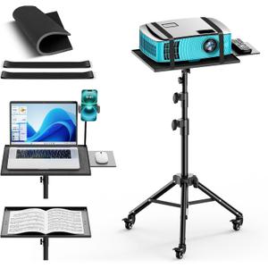 Projector Stand with Wheels, Laptop Tripod from 29" to 69" with Mouse Tray, Adjustable Height DJ Racks Stands with Gooseneck Phone Holder, for Office, Home, Stage, Studio, 1 Pack Black