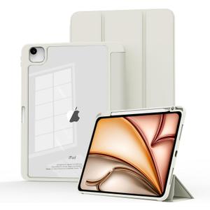 MYGROO Case for iPad Air 13 inch 2025/ 2024 M3/ 2, Slim Smart Cover for 2022 iPad Pro 12.9 inch (4/ 5/ 6th Gen) with Pencil Holder, Trifold Stand with Clear Back Shell, Creamy White