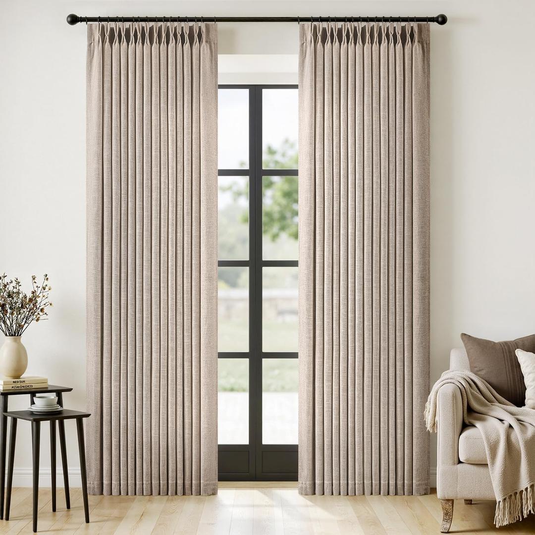 MIULEE Pinch Pleated Thick Linen Curtains 90 Inches Long 2 Panels for Living Room Bedroom, Linen Texture Memory Trained Drapes Pinch Pleat Rustic Farmhouse Window Curtains with Hooks&Rings, Taupe
