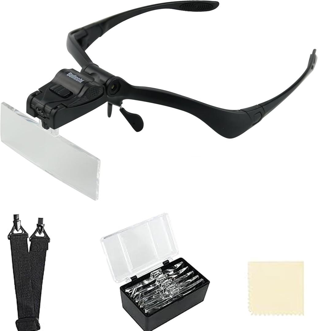 Headhand Magnifier Glasses with 2 LED Professional Jeweler's Loupe Light Bracket and Headband are Interchangeable 5Lens Glass Magnifying Visor