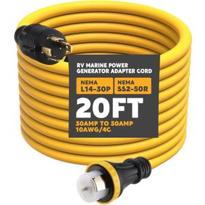 Tellegloww 20FT NEMA L14-30P to SS2-50R RV Marine Power Generator Adapter Cord, 30A 4 Prong Locking Generator L14-30P Male to 50A Marine Shore Power SS2-50R Female with Locking Ring 125V/250V