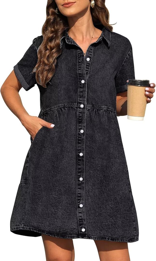 KDF Denim Dress for Women with Pockets Sleeveless Babydoll Denim Shirt Dresses for Women 2025 (Black, Size Medium)