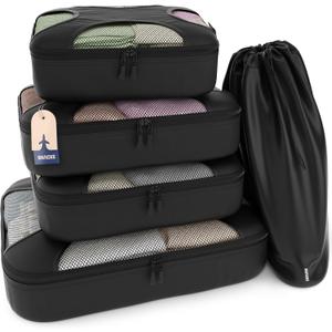 Shacke Packing Cubes for Travel 5 Set - Luggage Organizer Bags for Suitcase - 4 Cubes + Laundry Bag - Water-Resistant Nylon - Pure Black