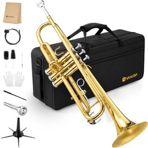 Vangoa Bb Trumpet Brass Standard Gold Trumpet Instrument for Student School Band Orchestra Adult Kid Beginner with Hard Case, Stand, Cleaning Kit, White Gloves, Valve Oil and 7C Mouthpiece Vangoa Bb Trumpet Brass Standard Gold Trumpet Instrument for Student School Band Orchestra Adult Kid Beginner with Hard Case, Stand, Cleaning Kit, White Gloves, Valve Oil and 7C Mouthpiece