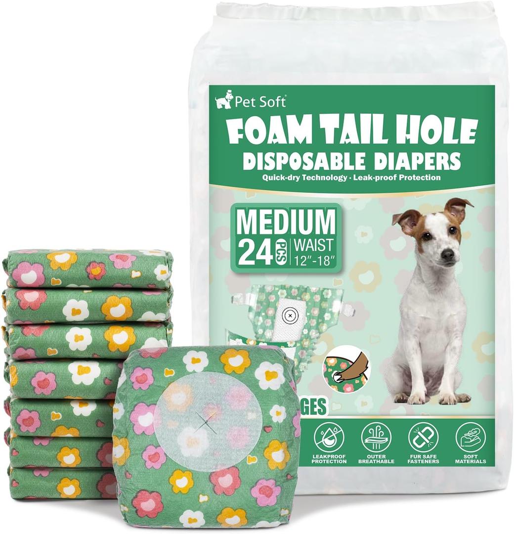 Pet Soft Female Dog Diapers - Disposable Dog Diapers with Adjustable Foam Tail Hole, Cat & Puppy Diaper for Dogs in Heat or Incontinence, Medium (24Pcs, Green)