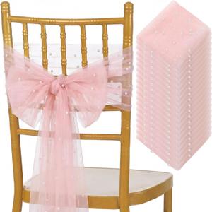 VitalCozy 50 Pcs Vintage Chair Sashes Embroidered Boho Bows Rustic Floral Chair Ties for Wedding Bridal Shower Baby Shower Birthday Party Table Decoration, 7 x 108 Inches(Pearls,Pink)