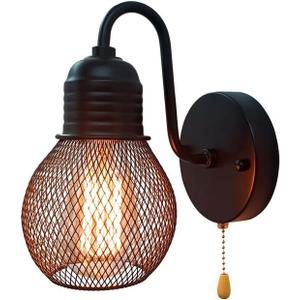 VinTopsh Vintage Black Wall Sconce Light, 1Light Switch Farmhouse Wall Lamp, Industrial Pull Chain Wall Light Fixture for Living Room Bedroom Bathroom Kitchen Hallway Doorway (Shade15cm)