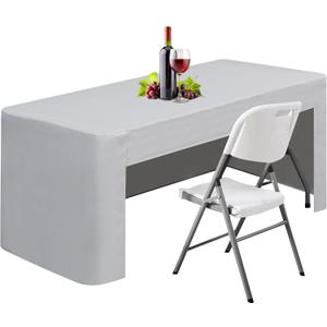 24 x 48 inch Rectangle Fitted Open Back Tablecloth for 4 FT Folding Table Washable Polyester Table Cover for Trade Show Wedding Party Picnic Outdoor Events Grey