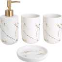 White Marble Ceramic Bathroom Set (4-Piece) - Elegant Soap Dish, Gold Pump Dispenser & Tumblers for Vanity, Sink & Bathroom Decor