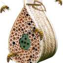 Mason Bee House, Pollinating PalaceHanging Wooden bee House Habitat with Bamboo Tubes for The Garden and Yard Bee Hotel for Pollinators