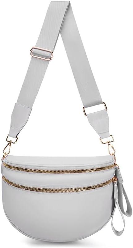 Pure Colour Crossbody Bum Bags for Women Spacious Checkered Cross body Bag Nylon Trendy Fanny Pack for Travel (Light Grey)