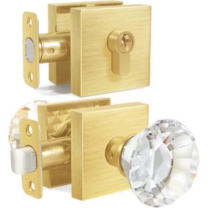 HIEMEY Satin Brass Diamond Glass Crystal Door Knob and Single Cylinder Deadbolt Set