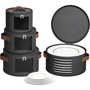 4 Piece China Storage Containers, Dish Storage Containers with Clear Windows, Hard Shell Plate Organizer with Handles, Stackable Moving Boxes for Dishes, Glassware, Dinnerware, Plates, Dark Gray