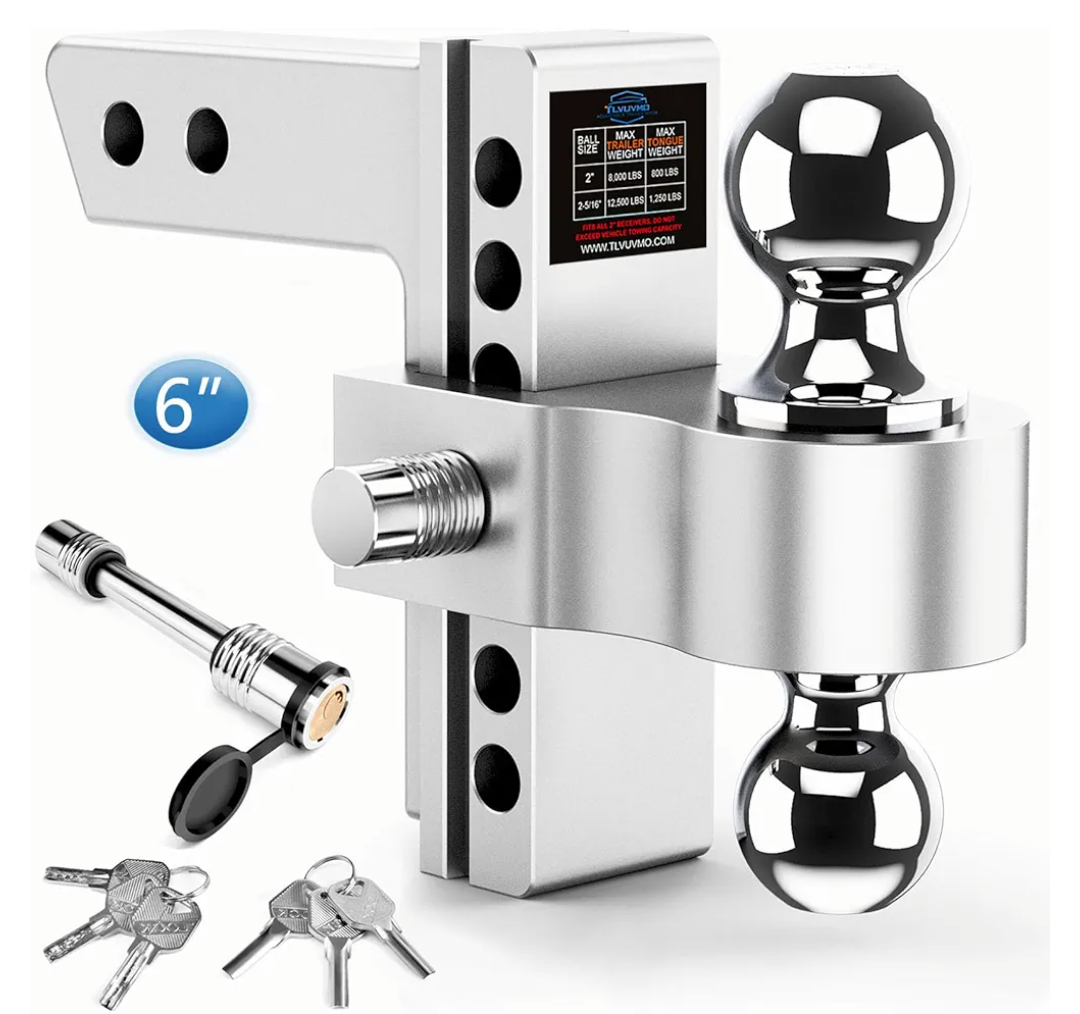 Adjustable Trailer Hitch, 6 Inch Drop Hitch Ball Mount (Fits 2-Inch Receiver), 12,500 LBS GTW, (2" & 2-5/16") Chrome Plated Steels Balls, Aluminum Tow Hitches with Two Anti-Theft Pins Locks