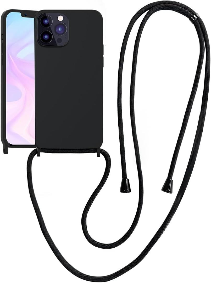 Crossbody Case for iPhone 15 Pro with Strap, iPhone Case with Adjustable Lanyard Rope, Drop Protection Silicone Phone Case for iPhone 15 Pro 6.1 Black