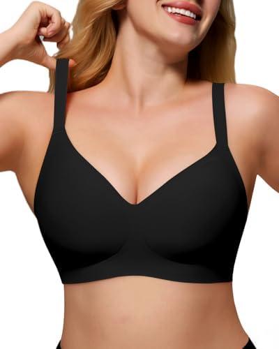 As Fairy Womens Soft Comfortable No Underwire Bras V Neck Seamless Push Up Bralettes Full Coverage Tshirt Brassiere, Black, 32D