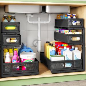 Kitstorack Under Sink Organizer, 2-Pack 3-Tier Height Adjustable Thickened Metal Pull out Cabinet Organizer Shelf, Slide out Storage Drawer Rack for Bathroom Kitchen Pantry Home Laundry Organization (Black)