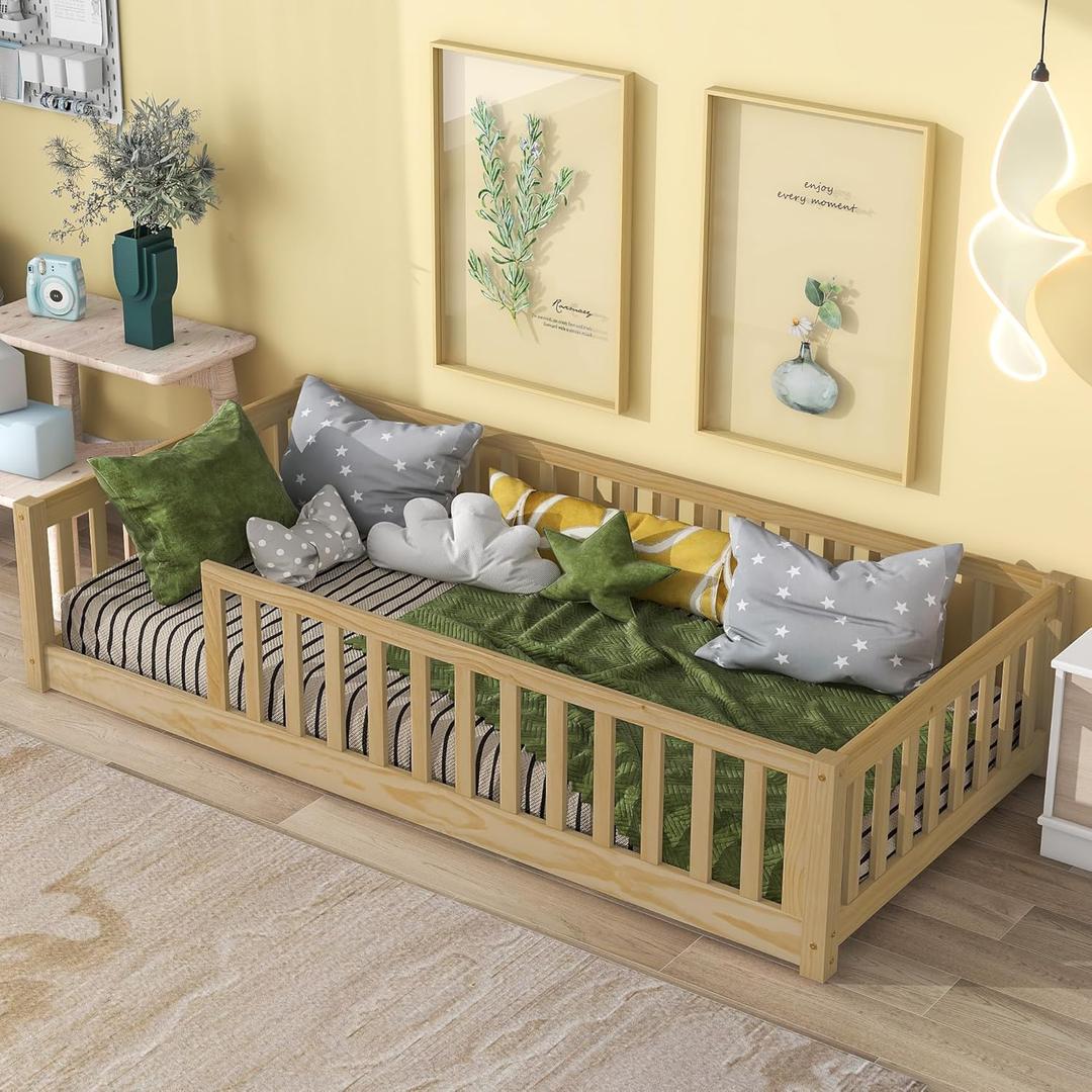 Montessori Twin Toddler Floor Bed with Wood Slats and Fence for Girls and Boys, Wood Platform Bed Frame with Safety Guardrails,No Box Spring Needed, Natural