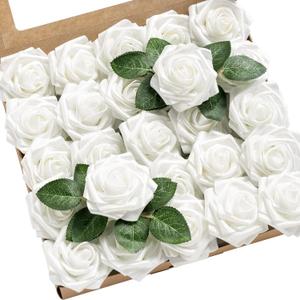 Ling's moment Artificial Flowers 25Pcs Glowing White Roses Decor w/Stems,3" DIY Foam Floral for Wedding Bouquet/Centerpieces, Outdoors Party Backdrop, Room/Table, and Garden/Pot Decorations