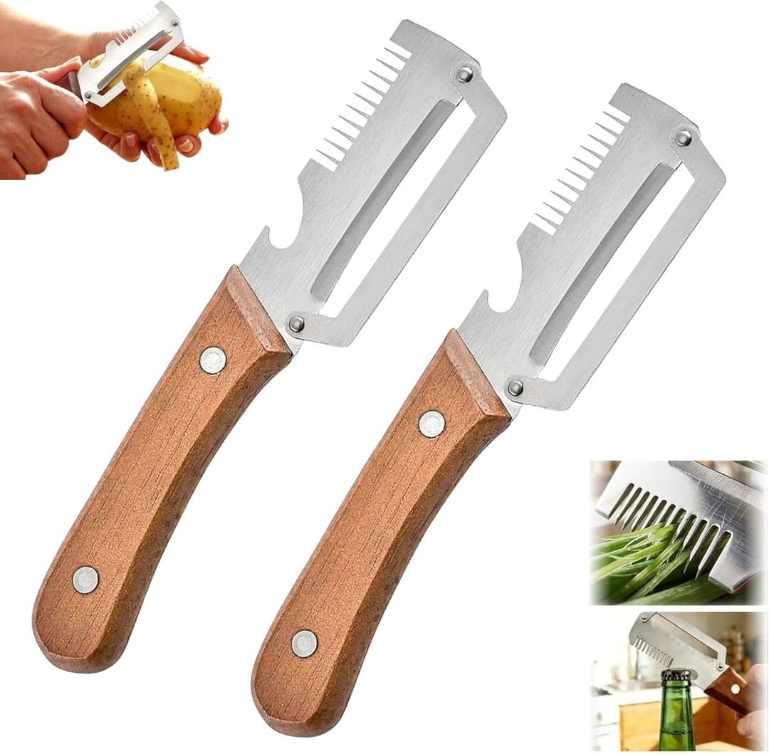 2 x 2PCS Multifunctional Vegetable Peeler, 3 in 1 Multi Functional Wooden Handle Peeler, Grater and Bottle Opener, Kitchen Gadgets for Potato, Carrot, Pumpkin, Apple