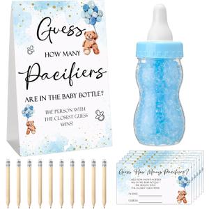 Roowest 512 Pcs Baby Shower Games Guess How Many Pacifiers Sign 100 Small Guessing Games 10 HB Pencils 750ml Milk Bottle 400 Acrylic Pacifiers Decoration for Guest Gender Reveal(Blue,Bear)