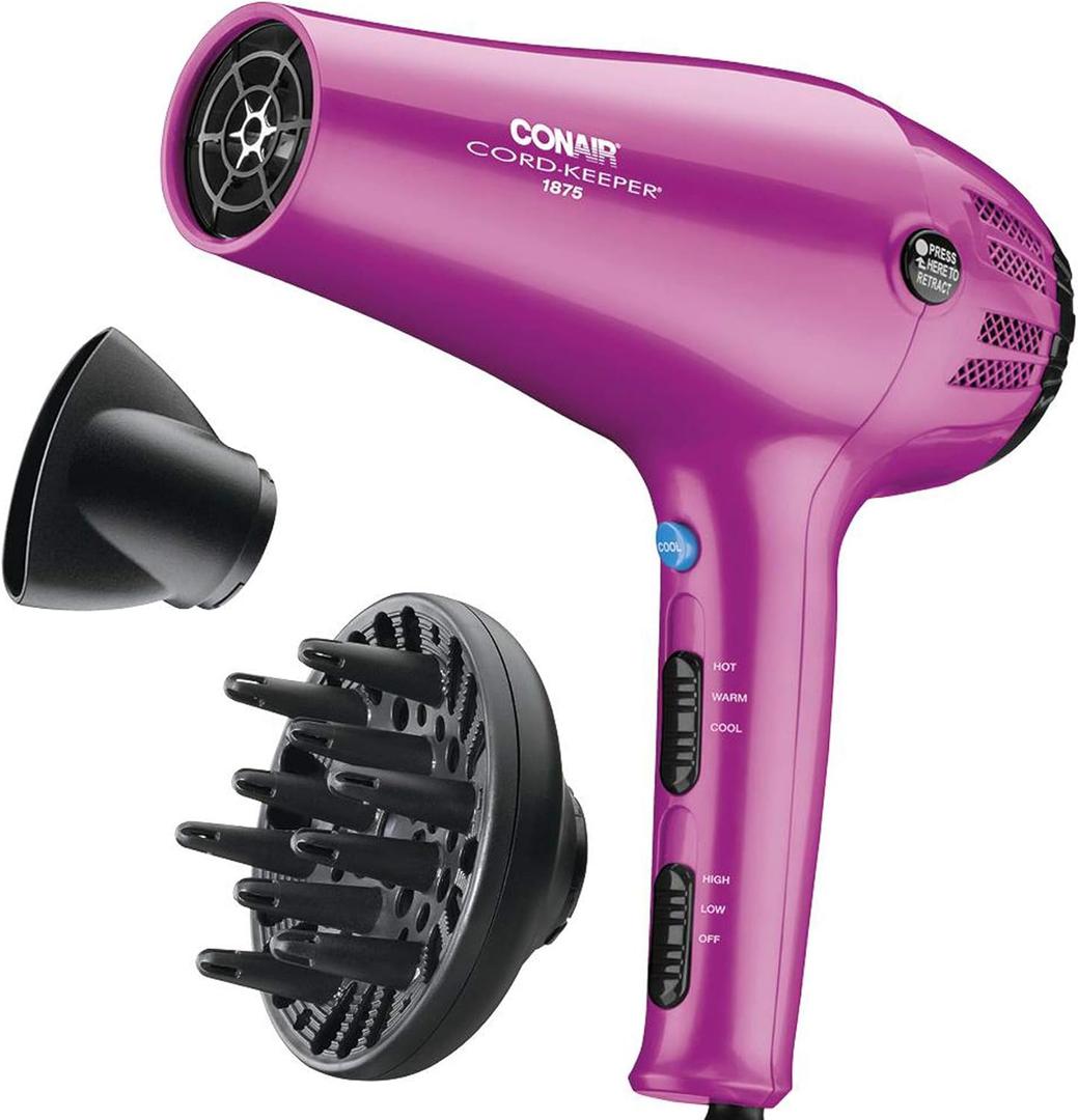 Conair Hair Dryer with Retractable Cord, 1875W Cord-Keeper Blow Dryer,Pink (3 Piece Set)