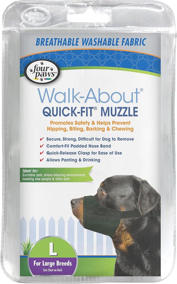 Four Paws Walk-About Quick-Fit Adjustable Dog Muzzle for Large Dogs, Washable & Breathable, Black, 1 Count