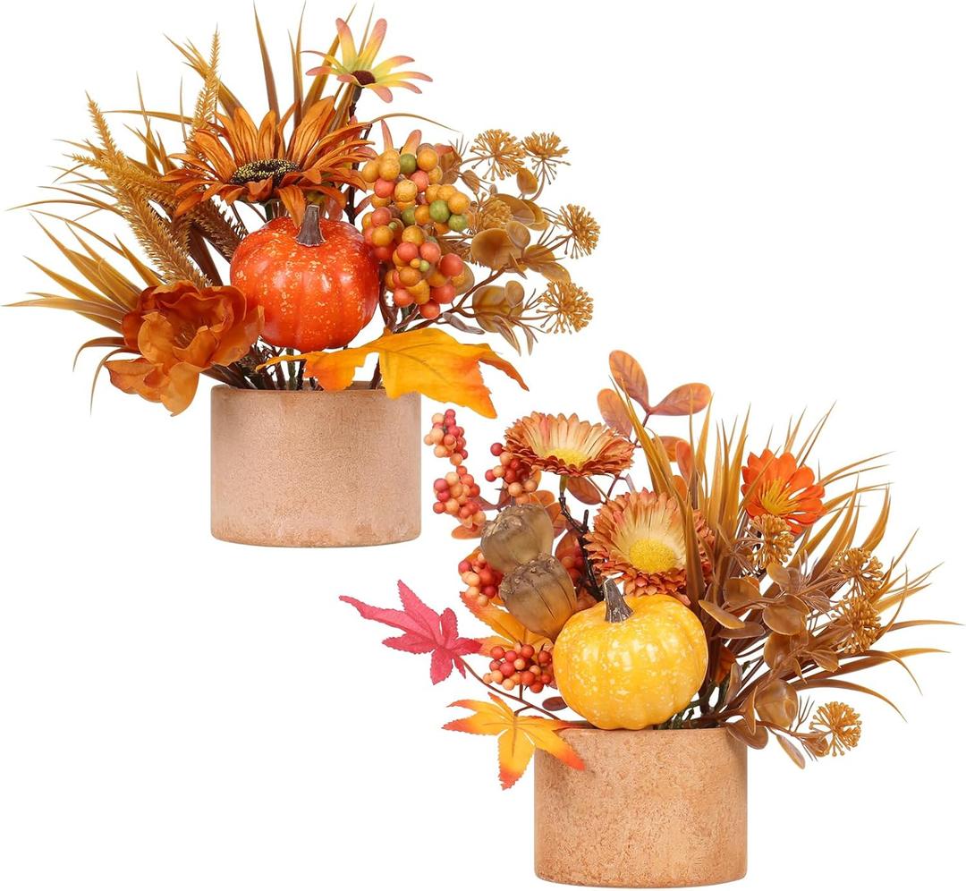 2PCS Fall Decor, Artificial Maple Leaves Pumpkin Berry Table Decorations, for Home Autumn Harvest Halloween Thanksgiving Holiday Party Table Centerpieces Fireplace Decor.