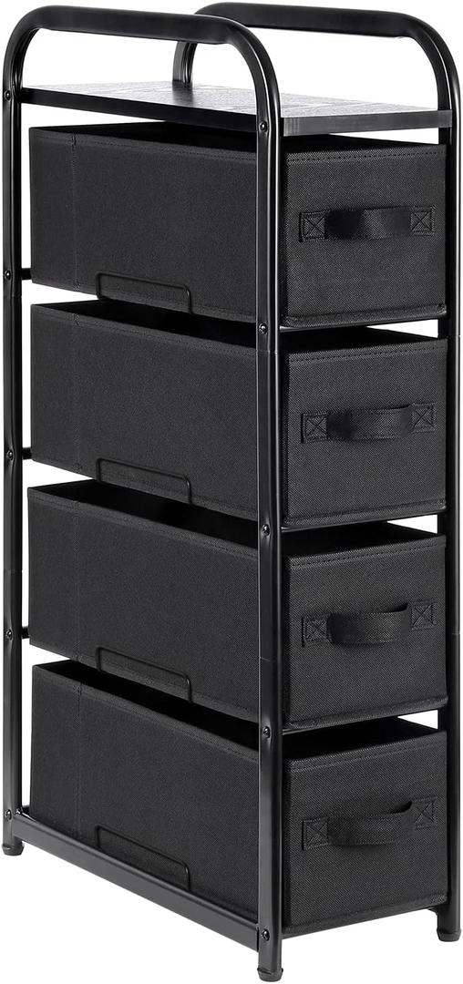 MAX Houser 4 Drawer Narrow Dresser Fabric Storage Tower Vertical Slim Storage Chest Organizer Nightstand Side/ End Table Small Standing Organizer Removable Drawers Wood Top for Bedroom, Bathroom (Black)