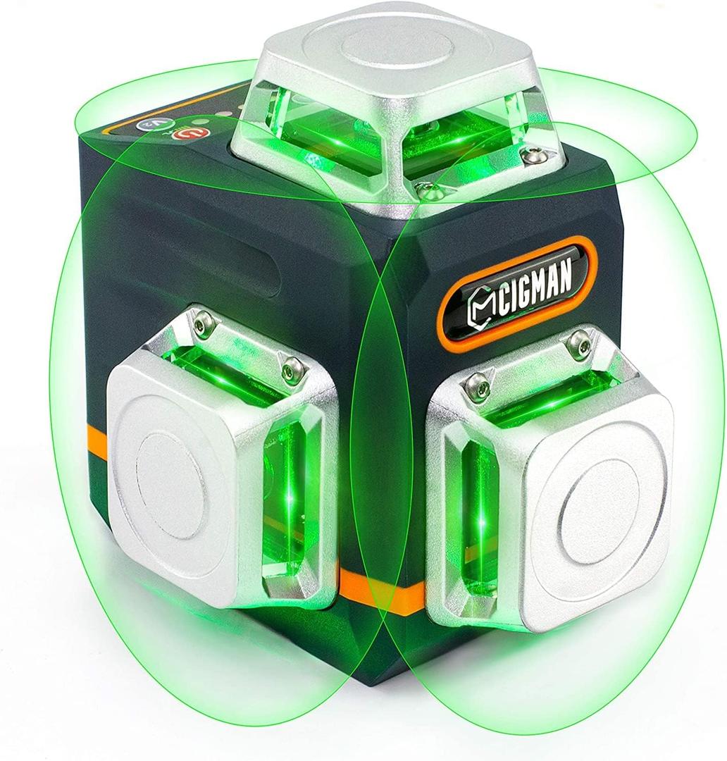 CIGMAN Laser Level Self Leveling 3x360 3D Green Cross Line for Construction and Picture Hanging, Rechargeable battery, Remote Controller, Magnetic Rotating Stand Included