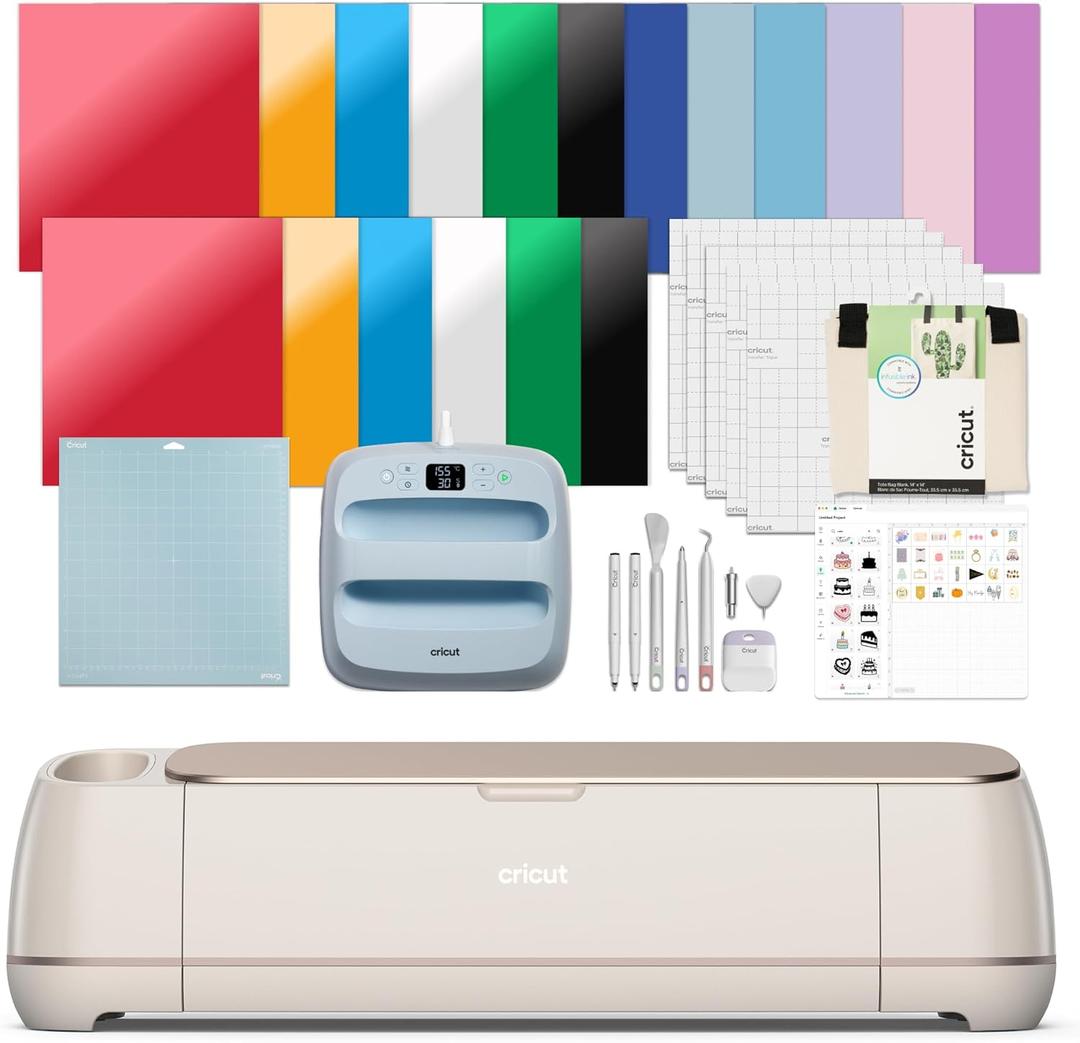 Cricut Maker 4 - Smart Cutting Machine (Seashell) | Engagement Plus Bundle - Includes EasyPress 3 Heat Press (9x9) + Mat, Tote Bag, Material Samplers, Machine Mat, Pens, Tools, & 30 Digital Images