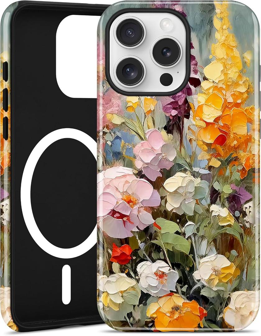 Jusy Compatible with MagSafe Floral Case for iPhone 16 Plus, Aesthetic Oil Painting Flower Magnetic Phone Case, Soft TPU and Hard PC Protective Cover for Women Girls (Shiny) - Wildflower