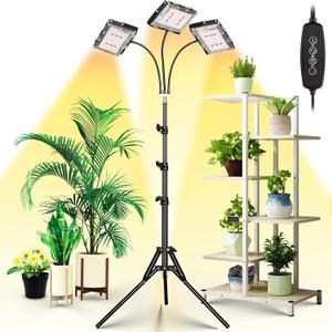 LBW Grow Light with Stand, Tri-Head LED Plant Light for Indoor Plants, Full Spectrum 150 LEDs, 3/6/12H Timer, 6 Dimmable Levels, 3 Switch Modes, Adjustable Tripod Stand 15-63 inches (Tri Heads, Black)