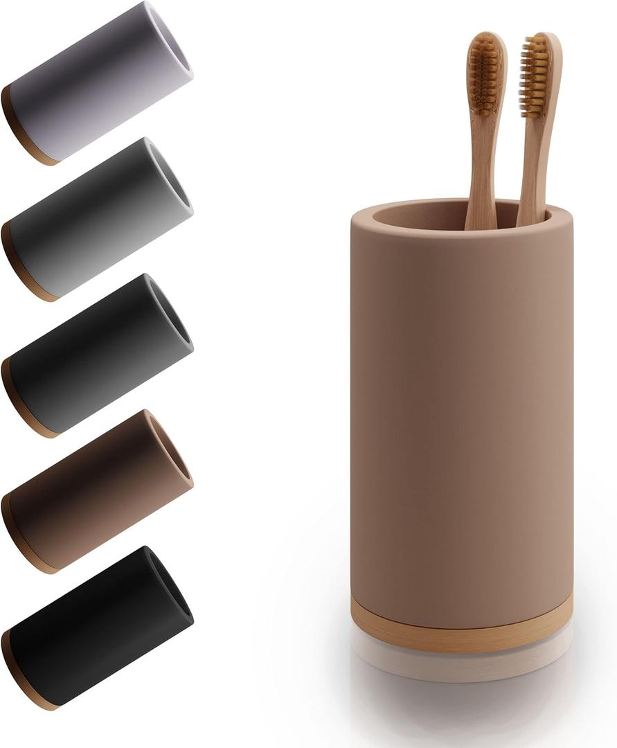 Matani Bamboo Toothbrush Holder Diatomite Tooth Brush Organizer - Storage Stand for Small Bathroom & Counter - Removable Base & Drain Holes, Water-Absorbent & Quick-Drying (Brown)