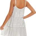 Women's Glitter Sequin Dress Adjustable Spaghetti Strap V Neck Fashion Sparkle Layered Evening Party Dress (White, L)