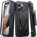 FNTCASE for iPhone 15-Pro-Max Phone Case 6.7", Built-in Screen Protector & Kickstand & Belt-Clip Heavy Duty Military Grade Shockproof Protection Rugged Case - Black