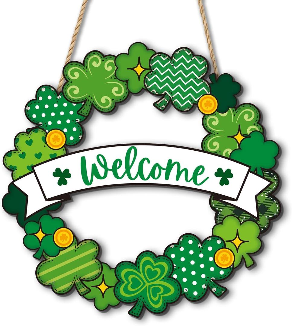 St. Patricks Day Decorations, Welcome Shamrock Door Sign, Clover Wooden Hanging Sign, St. Patricks Day Shamrock Wreath Door Hanger for Front Door Porch Wall Entryway 
