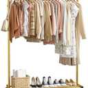 Sakugi Clothes Rack - Clothing Rack with Storage Mesh Shelf & Casters, Heavy-Duty Metal Clothing Rack for Hanging Clothes, Dresses, Coats, Large Load Capacity, Easy Assembly, Gold, 44.3"x16.9"x59.0"