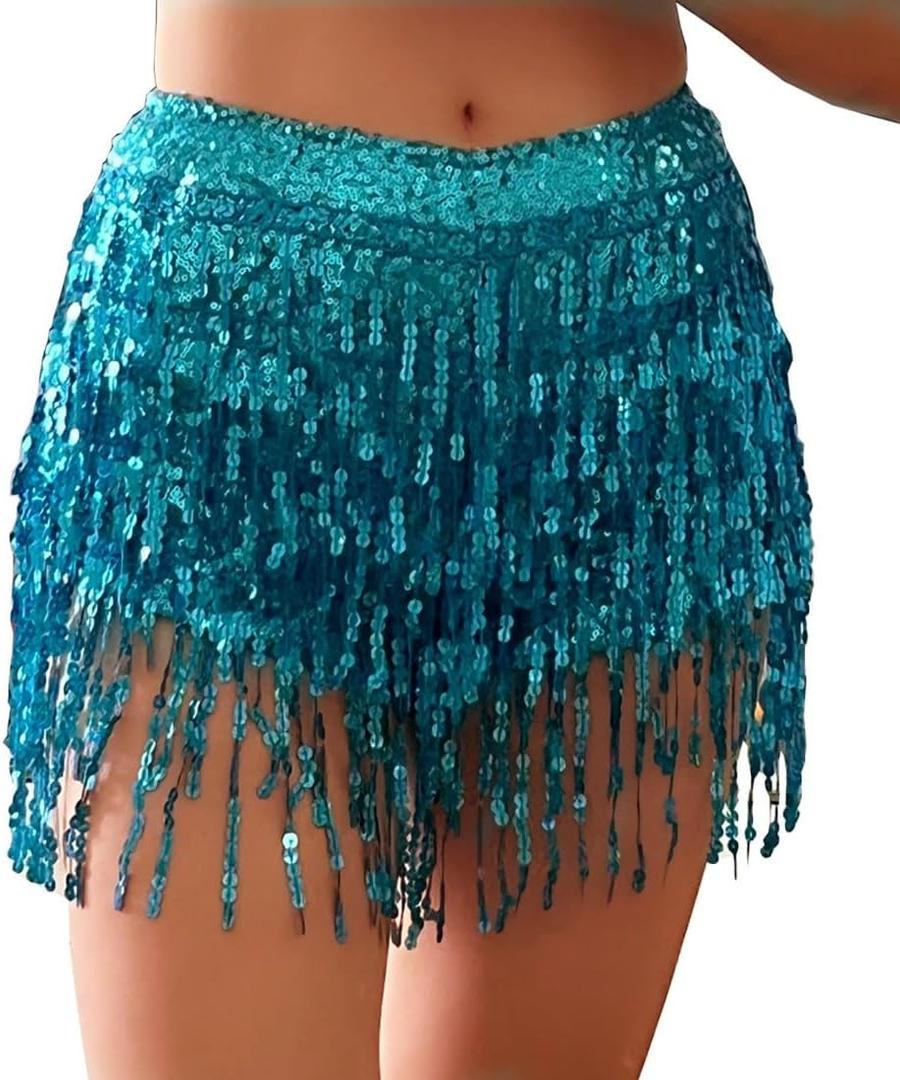 Yollmart Women's Sequins Tassel Skirts Shorts Booty Dance Festival Bottoms (X-Large, Blue)