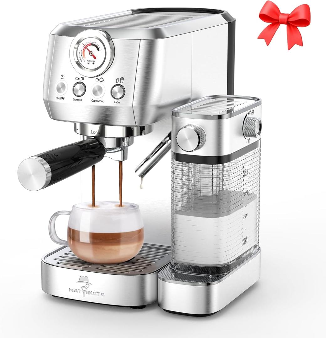 MAttinata CM1633 Cappuccino Machine 20 Bar, Professional Espresso Machines with Automatic Milk Frothering, Barista Compact Latte Maker for Home, with Pressure Gauge for Coffee Lovers, Stainless Steel